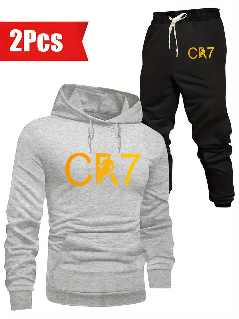 Conjunto Masculino CR7, Moletom com Capuz de Manga Comprida & Calça com Bolsos com Cordão, Conjunto de 2 Peças para Primavera/Outono/Inverno ao Ar Livre