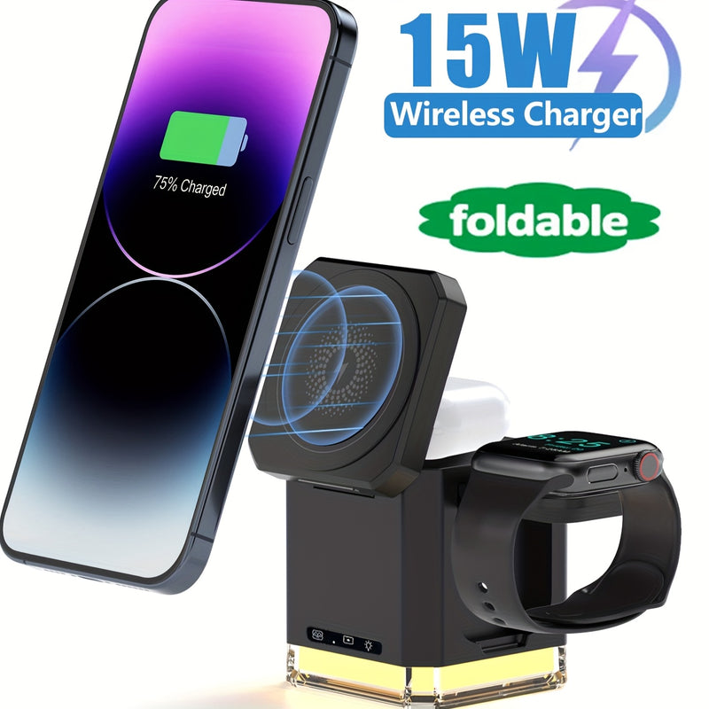 Carregador sem fio rápido portátil 3 em 1 de 15 W, dobrável magnética, para iPhone 11 12 13 14 15 16 Pro Max, para iWatch 9 8 7 6 5 4 3 2 Se, para AirPods 3 2 Pro.