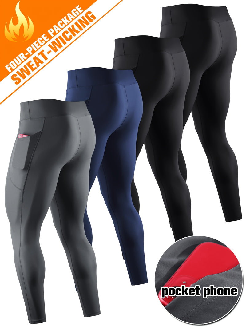 Kit 4 Peças Leggings de Compressão de Cintura Alta Masculina com Bolso para Celular - Mistura de Poliéster Respirável e que Absorve a Umidade para Qualquer Tipo de treino,  Inclui cor sólida, tecido respirável, Uso para Todas as Estações