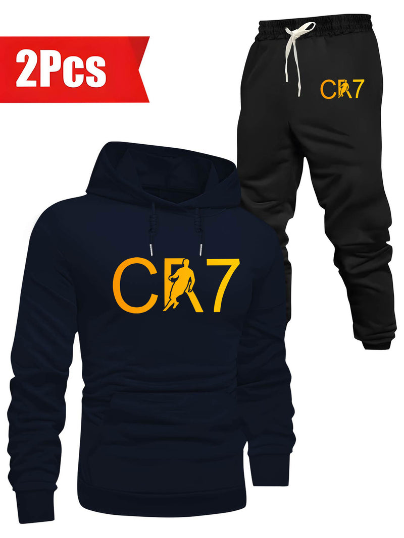 Conjunto Masculino CR7, Moletom com Capuz de Manga Comprida & Calça com Bolsos com Cordão, Conjunto de 2 Peças para Primavera/Outono/Inverno ao Ar Livre