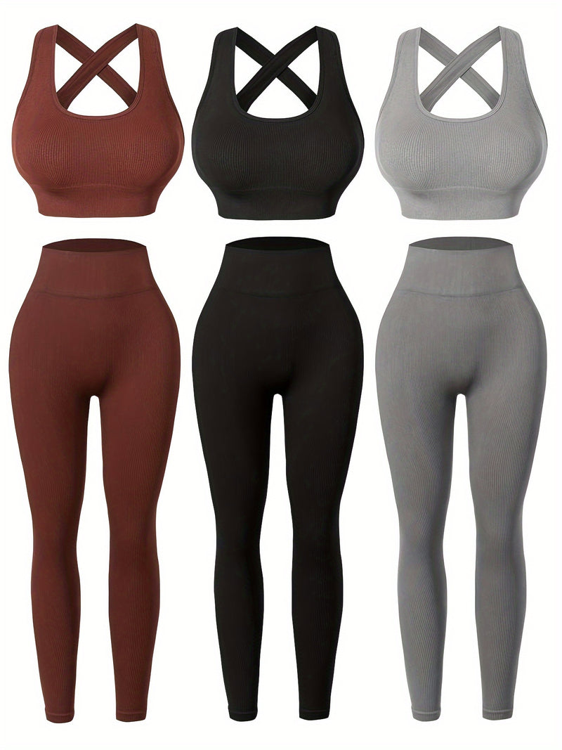 Conjunto de 3 leggings femininas de cintura alta para ioga com tecido respirável e sem costura e sutiã embutido para uso em todas as estações