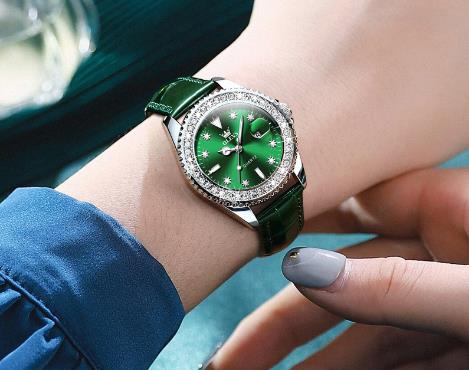 Relógio de Quartzo de Luxo Feminino Estilo verde com Diamante.