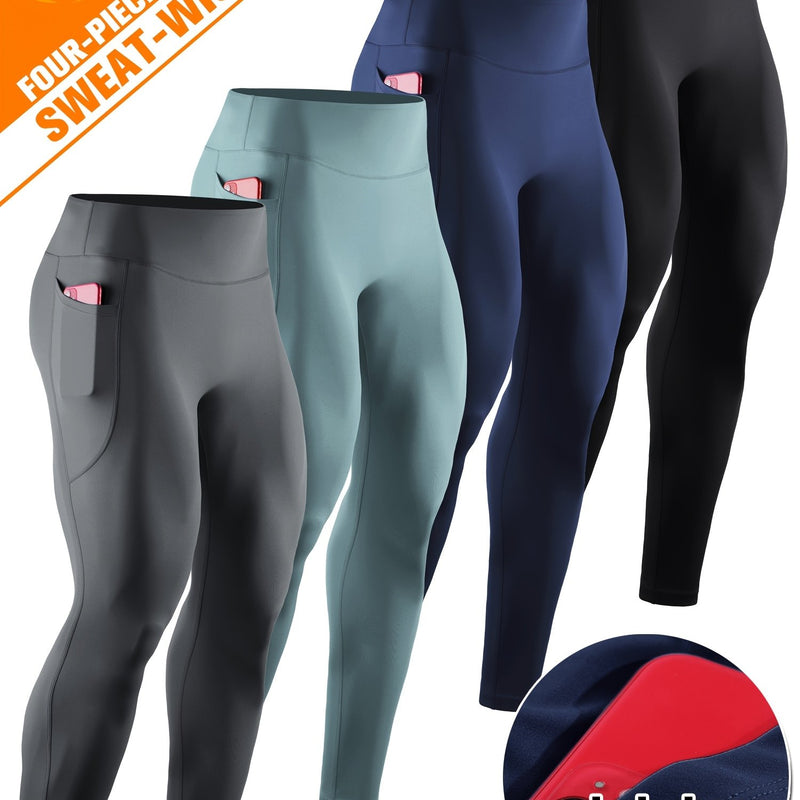 Kit 4 Peças Leggings de Compressão de Cintura Alta Masculina com Bolso para Celular - Mistura de Poliéster Respirável e que Absorve a Umidade para Qualquer Tipo de treino,  Inclui cor sólida, tecido respirável, Uso para Todas as Estações