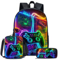 Conjunto de Mochilas com Padrão de Console de Jogos 3 Peças para Meninos, Mochila Casual de Poliéster para Estudantes com Lancheira e Estojo, Lavável à Mão, Fecho de Zíper, Design de Impressão Aleatória