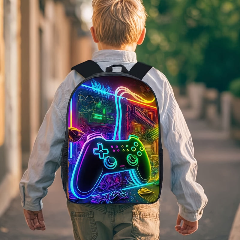 Conjunto de Mochilas com Padrão de Console de Jogos 3 Peças para Meninos, Mochila Casual de Poliéster para Estudantes com Lancheira e Estojo, Lavável à Mão, Fecho de Zíper, Design de Impressão Aleatória