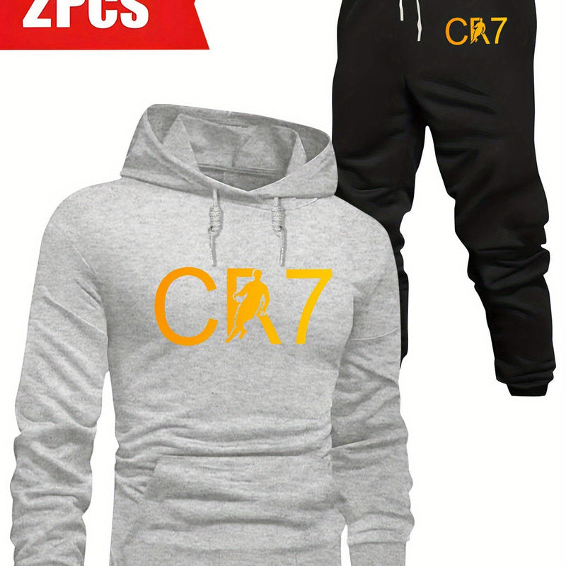 Conjunto Masculino CR7, Moletom com Capuz de Manga Comprida & Calça com Bolsos com Cordão, Conjunto de 2 Peças para Primavera/Outono/Inverno ao Ar Livre