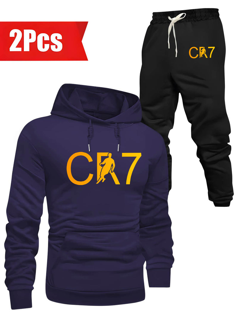 Conjunto Masculino CR7, Moletom com Capuz de Manga Comprida & Calça com Bolsos com Cordão, Conjunto de 2 Peças para Primavera/Outono/Inverno ao Ar Livre