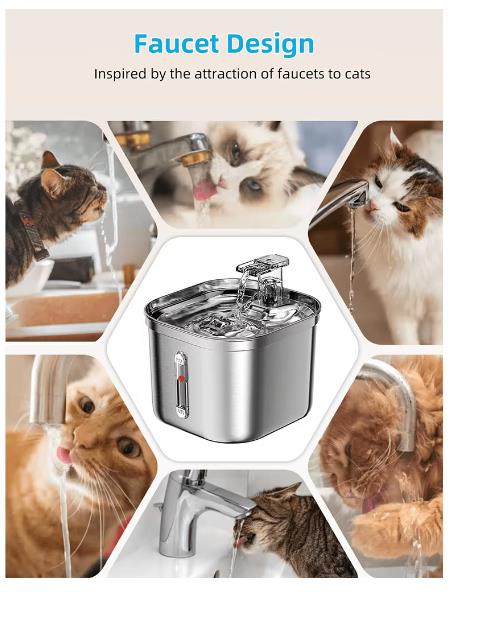 Fonte de água para gatos de 2,2 L, atualização de aço inoxidável com multifiltro, fácil limpeza, animais de estimação, cães, gatos