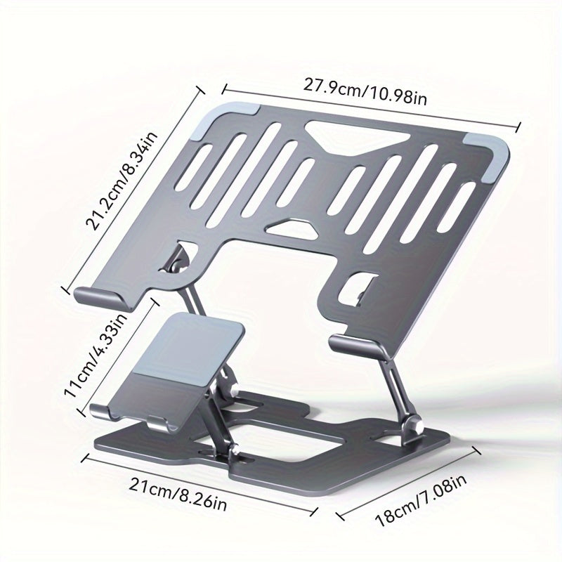 Suporte ajustável 2 em 1 para laptop e tablet - Almofada de resfriamento dobrável em aço carbono com aumento de altura vertical, base antiderrapante para uso no escritório, suporta smartphone e laptop simultaneamente
