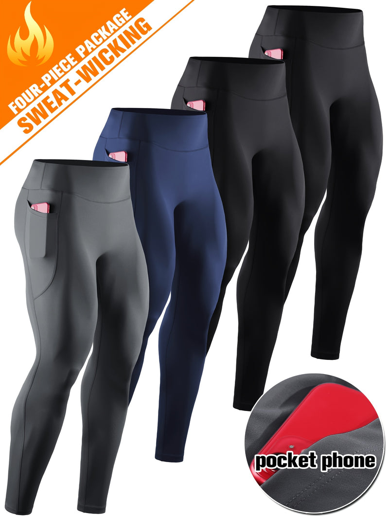 Kit 4 Peças Leggings de Compressão de Cintura Alta Masculina com Bolso para Celular - Mistura de Poliéster Respirável e que Absorve a Umidade para Qualquer Tipo de treino,  Inclui cor sólida, tecido respirável, Uso para Todas as Estações