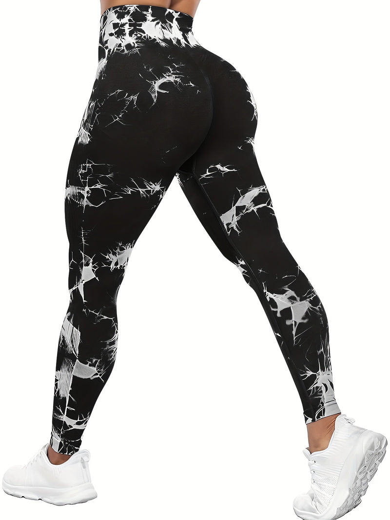 kit com 4 Leggings de Malha tie-dye de Cintura Alta sem Costura, Calças de Treino e Ioga Elásticas de Poliamida, com Design de Levantamento de Bumbum.