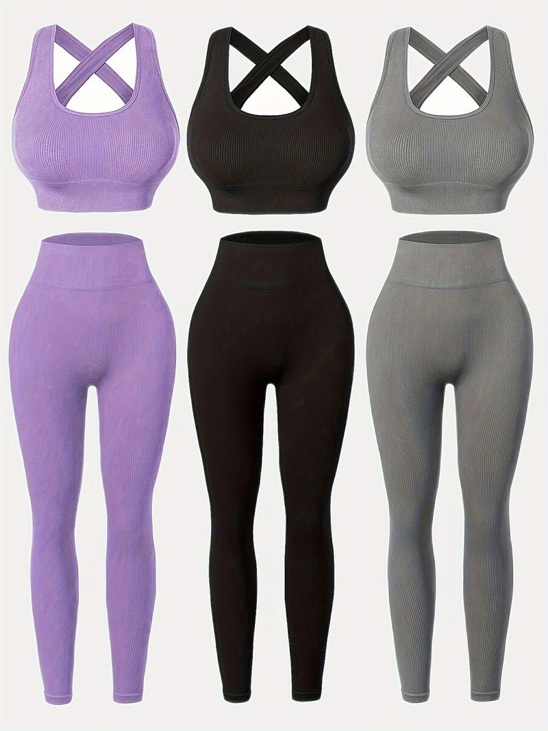 Conjunto de 3 leggings femininas de cintura alta para ioga com tecido respirável e sem costura e sutiã embutido para uso em todas as estações