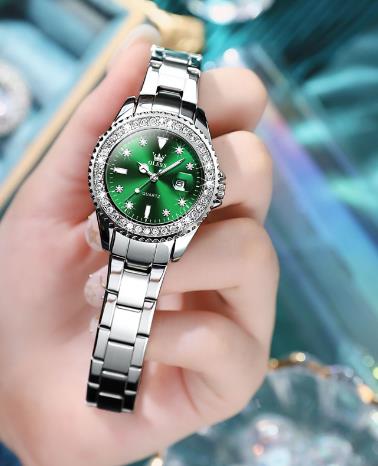 Relógio de Quartzo de Luxo Feminino Estilo verde com Diamante.