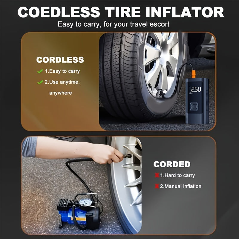 Bomba de ar elétrica portátil, inflador de pneus, equipamento de ar inteligente, compressor de ar, bateria de grande capacidade, pressão de pneu predeterminada, inflação de um botão, iluminação, display digital LED, adequado para carros, motocicletas.