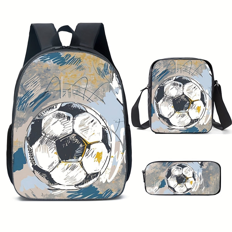 Mochila  com Estampa de Futebol, Bolsa de Lazer para Estudantes ao Ar Livre, Conjunto de Três Peças de Bolsa Escolar, Bolsa Tiracolo, Estojo de Lápis