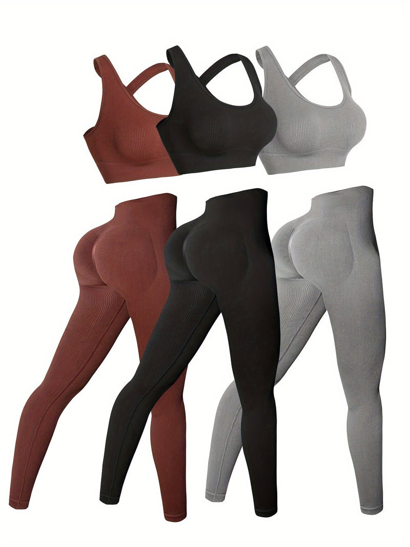 Conjunto de 3 leggings femininas de cintura alta para ioga com tecido respirável e sem costura e sutiã embutido para uso em todas as estações