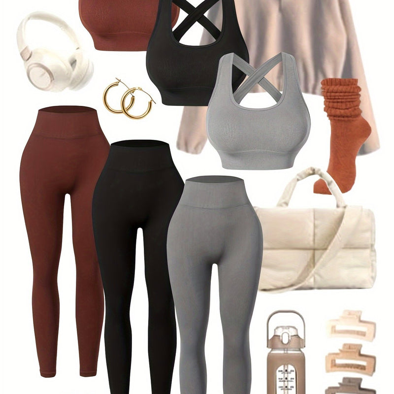 Conjunto de 3 leggings femininas de cintura alta para ioga com tecido respirável e sem costura e sutiã embutido para uso em todas as estações