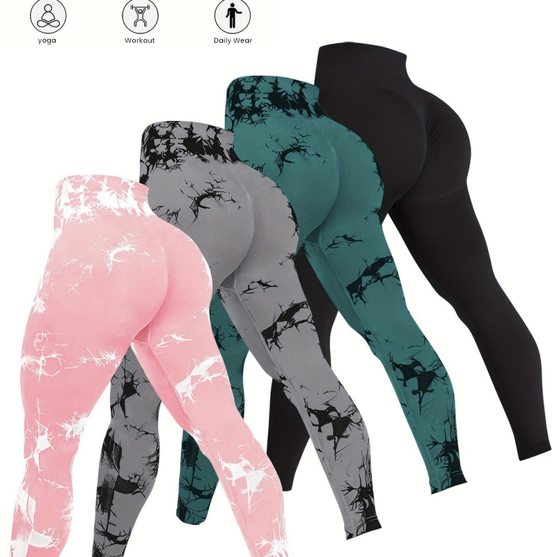 kit com 4 Leggings de Malha tie-dye de Cintura Alta sem Costura, Calças de Treino e Ioga Elásticas de Poliamida, com Design de Levantamento de Bumbum.