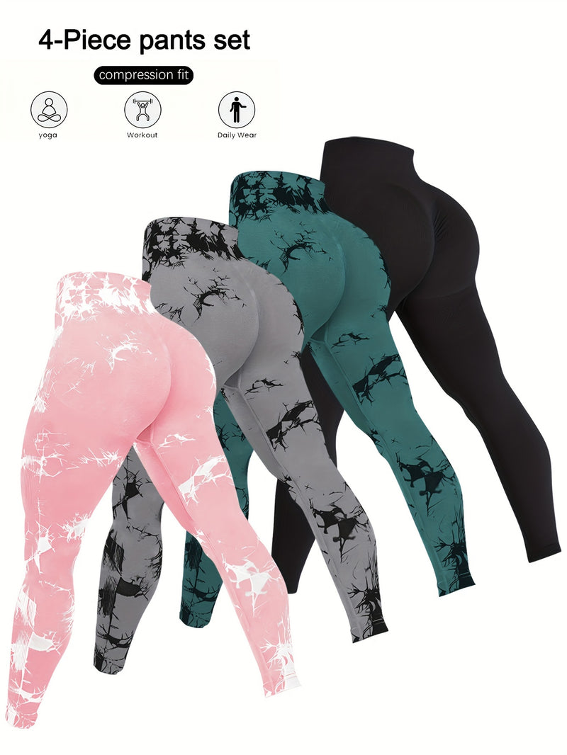 kit com 4 Leggings de Malha tie-dye de Cintura Alta sem Costura, Calças de Treino e Ioga Elásticas de Poliamida, com Design de Levantamento de Bumbum.