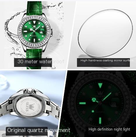 Relógio de Quartzo de Luxo Feminino Estilo verde com Diamante.