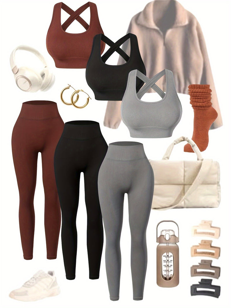 Conjunto de 3 leggings femininas de cintura alta para ioga com tecido respirável e sem costura e sutiã embutido para uso em todas as estações