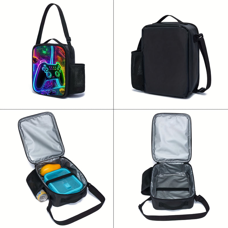 Conjunto de Mochilas com Padrão de Console de Jogos 3 Peças para Meninos, Mochila Casual de Poliéster para Estudantes com Lancheira e Estojo, Lavável à Mão, Fecho de Zíper, Design de Impressão Aleatória