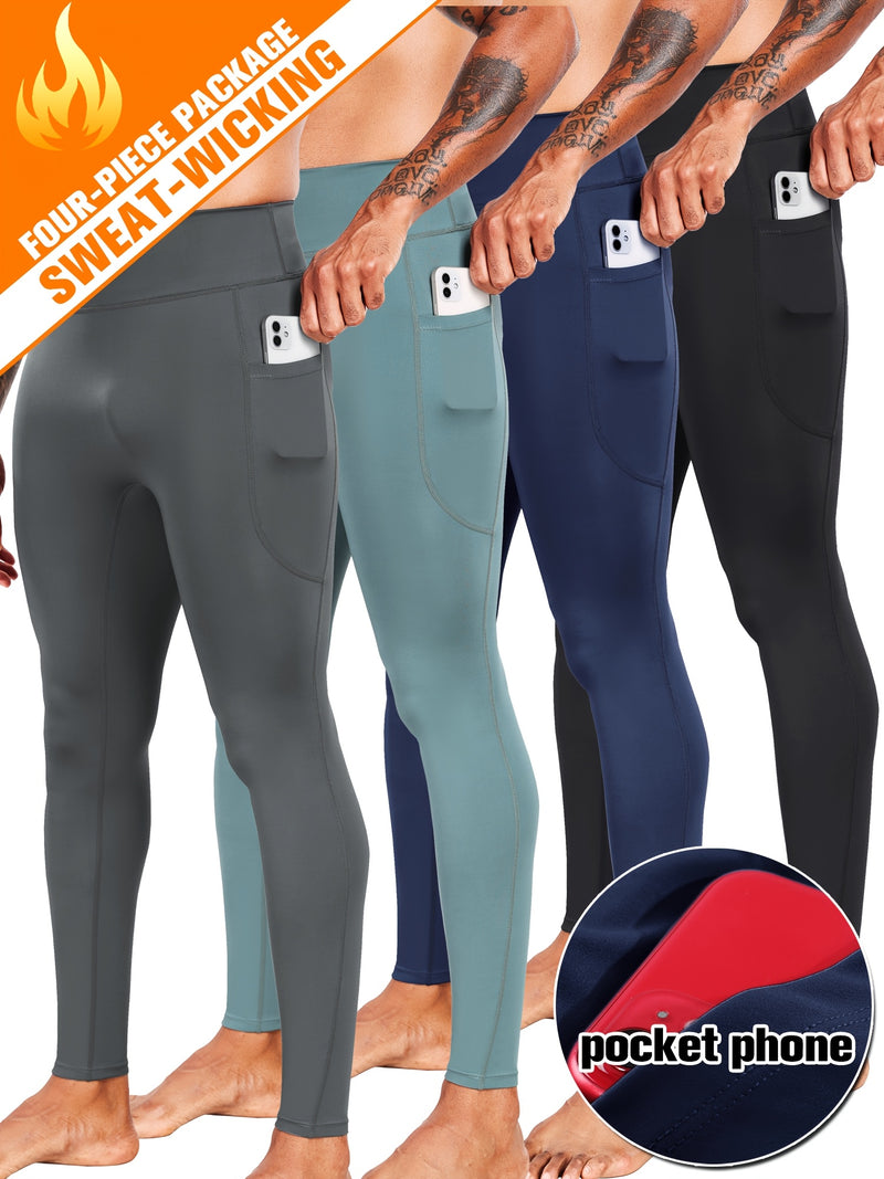 Kit 4 Peças Leggings de Compressão de Cintura Alta Masculina com Bolso para Celular - Mistura de Poliéster Respirável e que Absorve a Umidade para Qualquer Tipo de treino,  Inclui cor sólida, tecido respirável, Uso para Todas as Estações