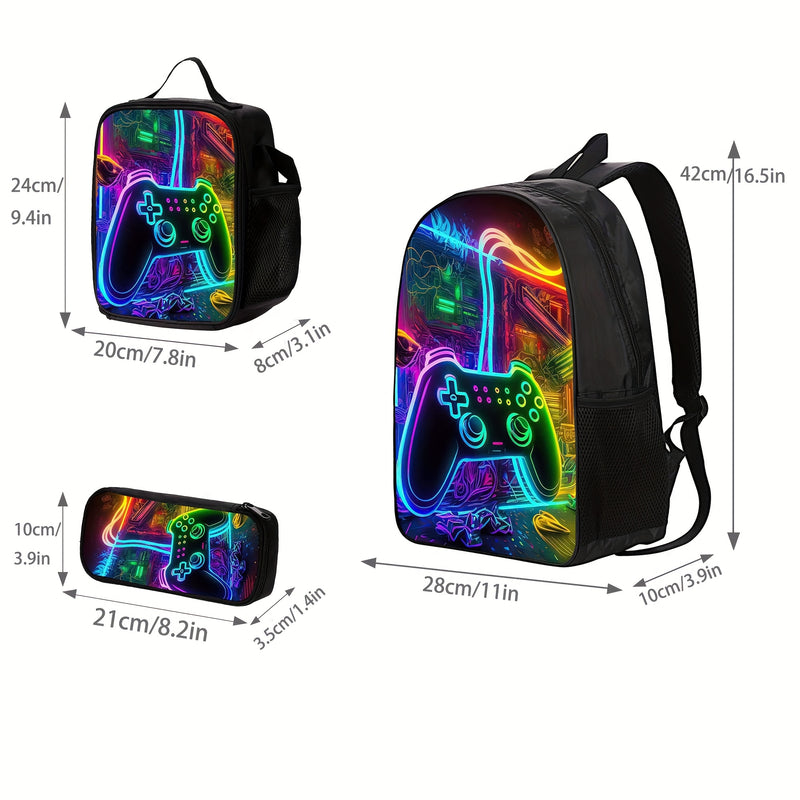 Conjunto de Mochilas com Padrão de Console de Jogos 3 Peças para Meninos, Mochila Casual de Poliéster para Estudantes com Lancheira e Estojo, Lavável à Mão, Fecho de Zíper, Design de Impressão Aleatória