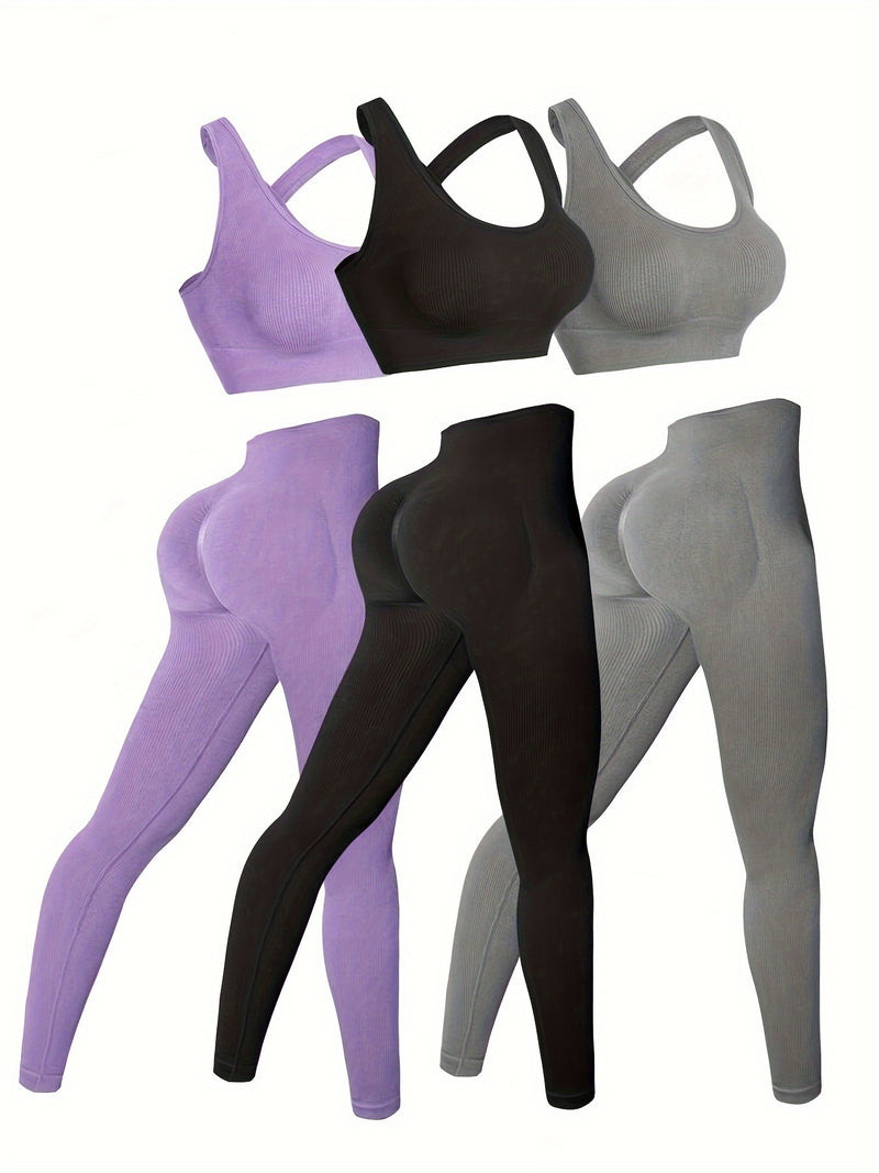 Conjunto de 3 leggings femininas de cintura alta para ioga com tecido respirável e sem costura e sutiã embutido para uso em todas as estações