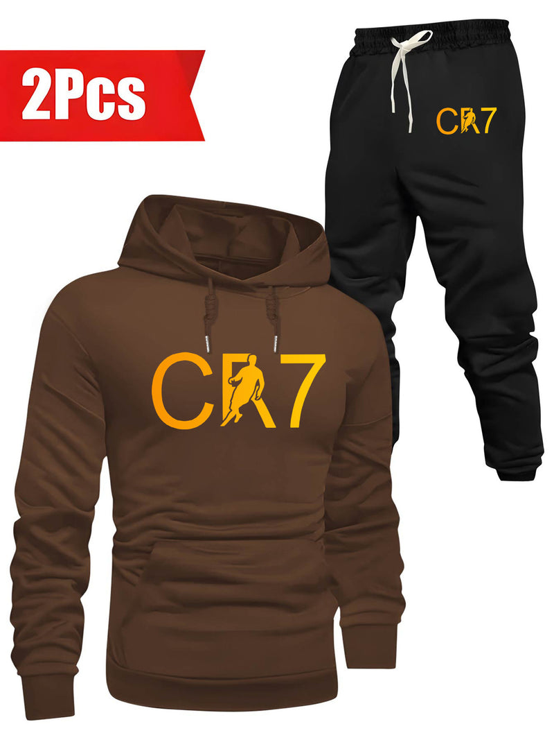 Conjunto Masculino CR7, Moletom com Capuz de Manga Comprida & Calça com Bolsos com Cordão, Conjunto de 2 Peças para Primavera/Outono/Inverno ao Ar Livre