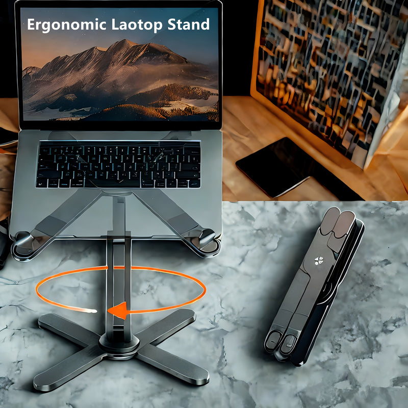 Suporte ergonômico para laptop em liga de alumínio Nuoxi, suporte para tripé giratório 360°, altura e ângulo ajustáveis, design dobrável, formato de borboleta