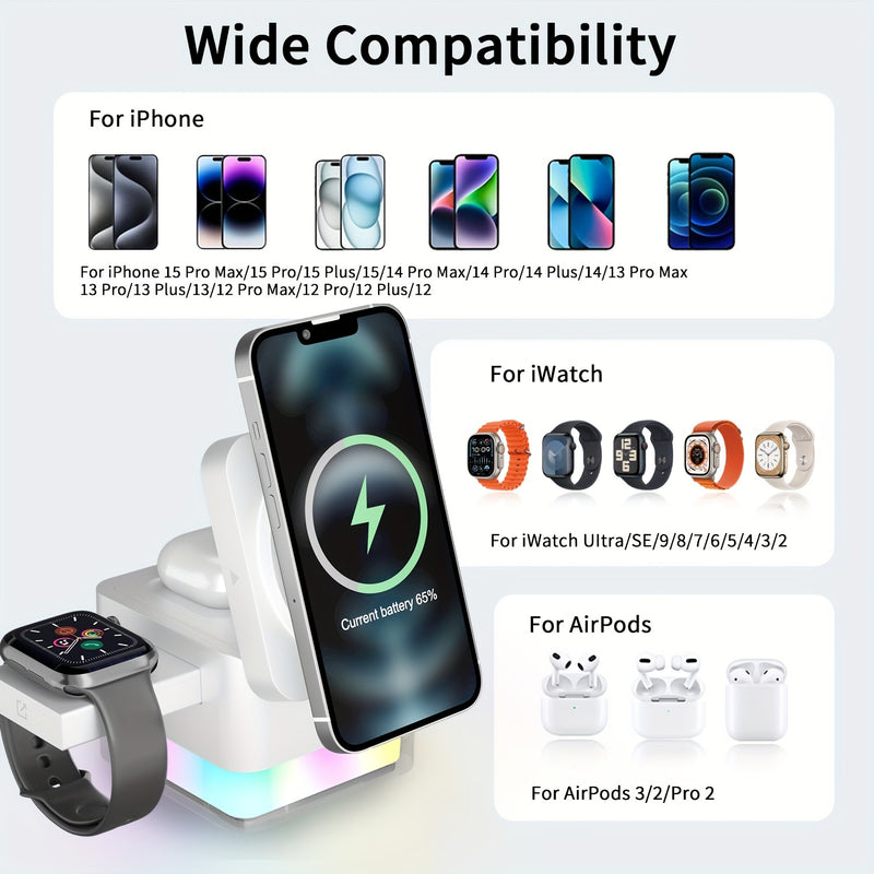 Dock de carregamento sem fio 3 em 1 dobrável de 15 W ultrarrápido - universalmente compatível com iPhone 12-16, iWatch 3-10, 4/3/2/Pro - design compacto para maior conveniência