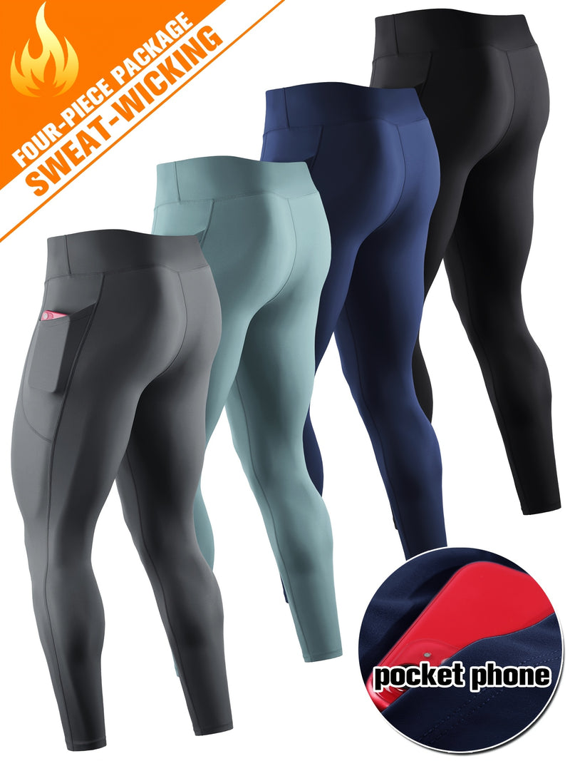 Kit 4 Peças Leggings de Compressão de Cintura Alta Masculina com Bolso para Celular - Mistura de Poliéster Respirável e que Absorve a Umidade para Qualquer Tipo de treino,  Inclui cor sólida, tecido respirável, Uso para Todas as Estações