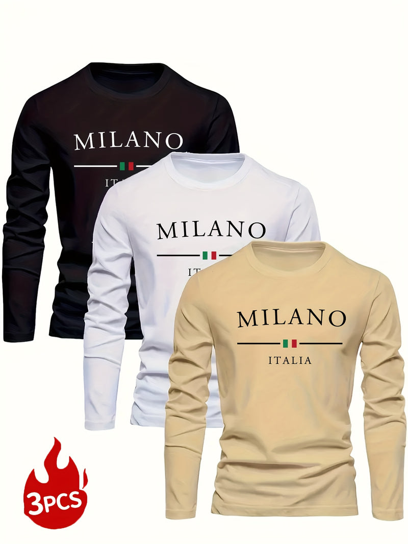 Pacote com 3 Camisetas Masculinas Milano de Manga Comprida e Gola Redonda, Tops Casuais de Malha de Poliéster com Leve Elasticidade, Estampa de Alfabeto, Ajuste Regular, 95% Poliéster, 5% Elastano