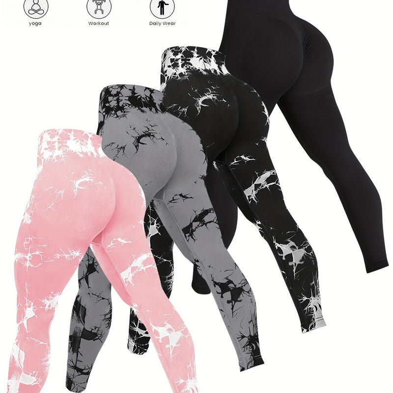 kit com 4 Leggings de Malha tie-dye de Cintura Alta sem Costura, Calças de Treino e Ioga Elásticas de Poliamida, com Design de Levantamento de Bumbum.