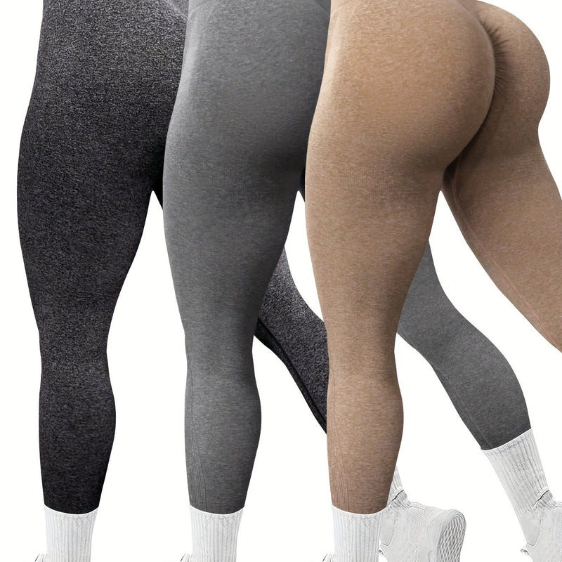 Pacote com 3 calças de ioga sem costura com controle de barriga de cintura alta, tecido elástico respirável, cós largo para academia e uso casual, leggings esportivas estilo atlético