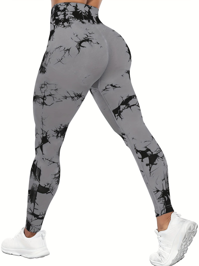 kit com 4 Leggings de Malha tie-dye de Cintura Alta sem Costura, Calças de Treino e Ioga Elásticas de Poliamida, com Design de Levantamento de Bumbum.