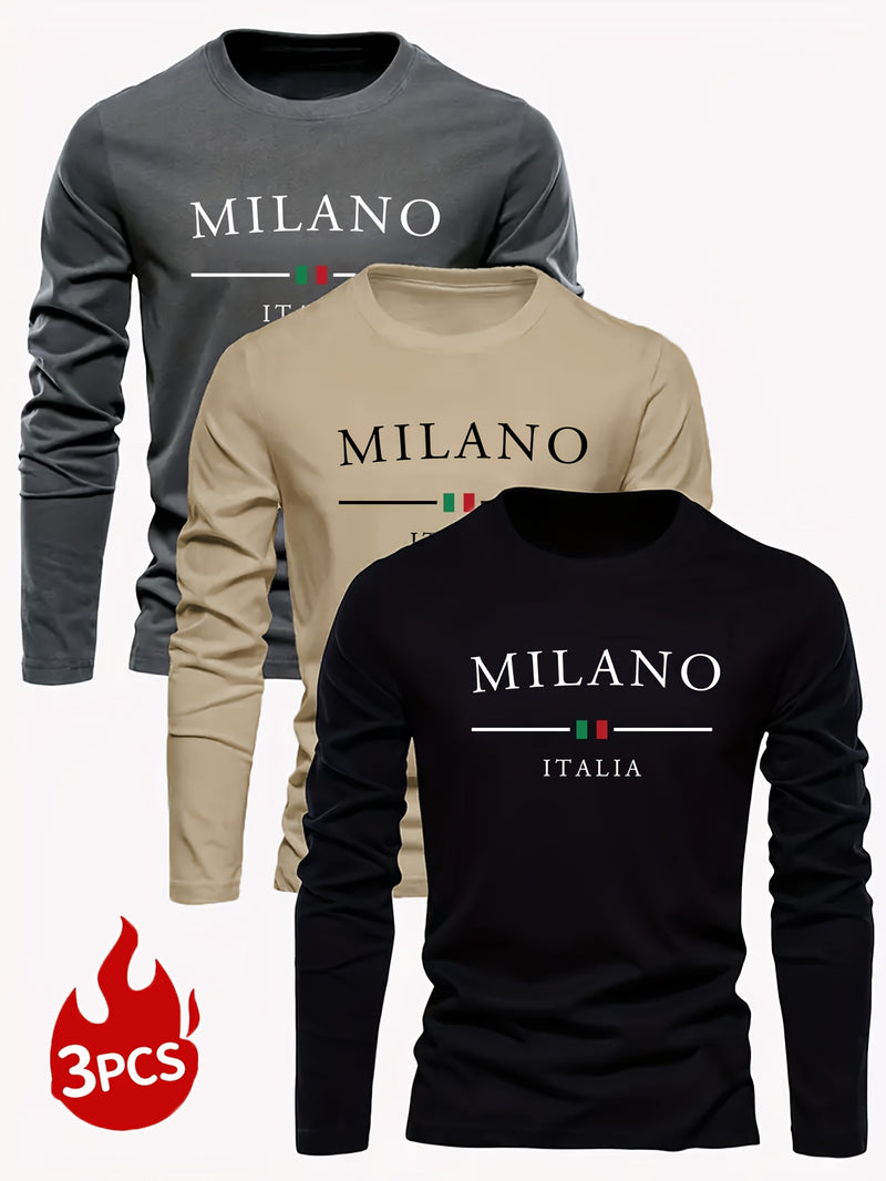 Pacote com 3 Camisetas Masculinas Milano de Manga Comprida e Gola Redonda, Tops Casuais de Malha de Poliéster com Leve Elasticidade, Estampa de Alfabeto, Ajuste Regular, 95% Poliéster, 5% Elastano