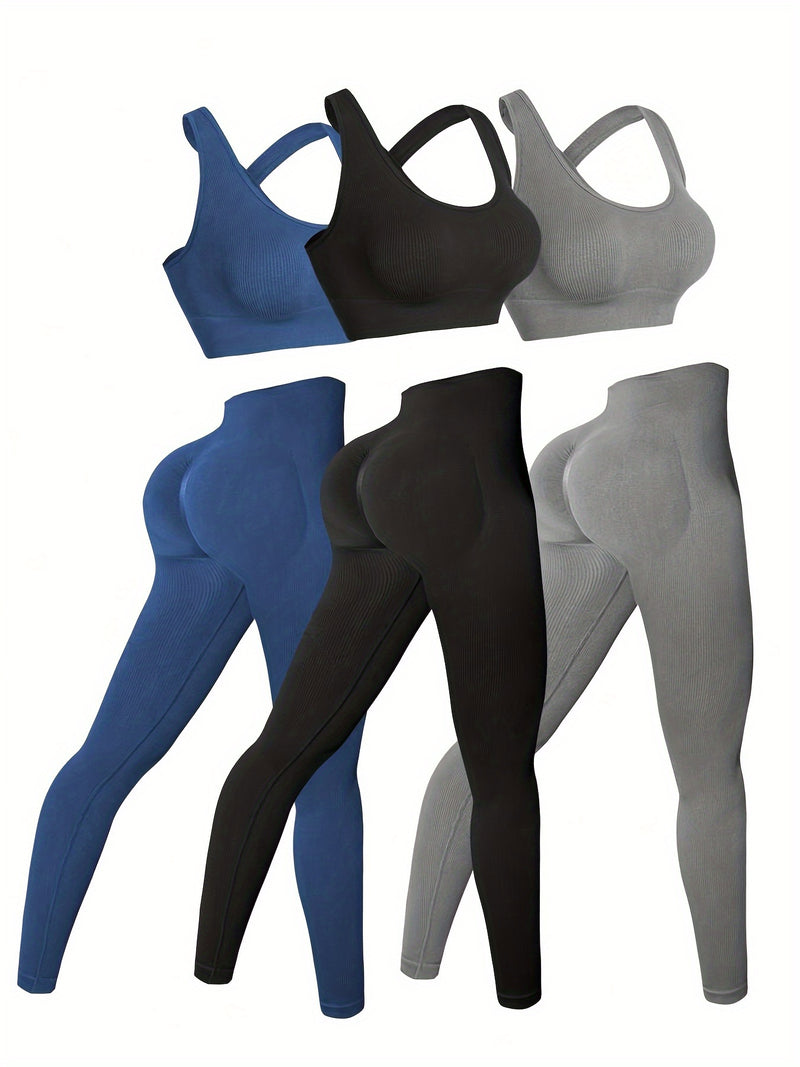 Conjunto de 3 leggings femininas de cintura alta para ioga com tecido respirável e sem costura e sutiã embutido para uso em todas as estações