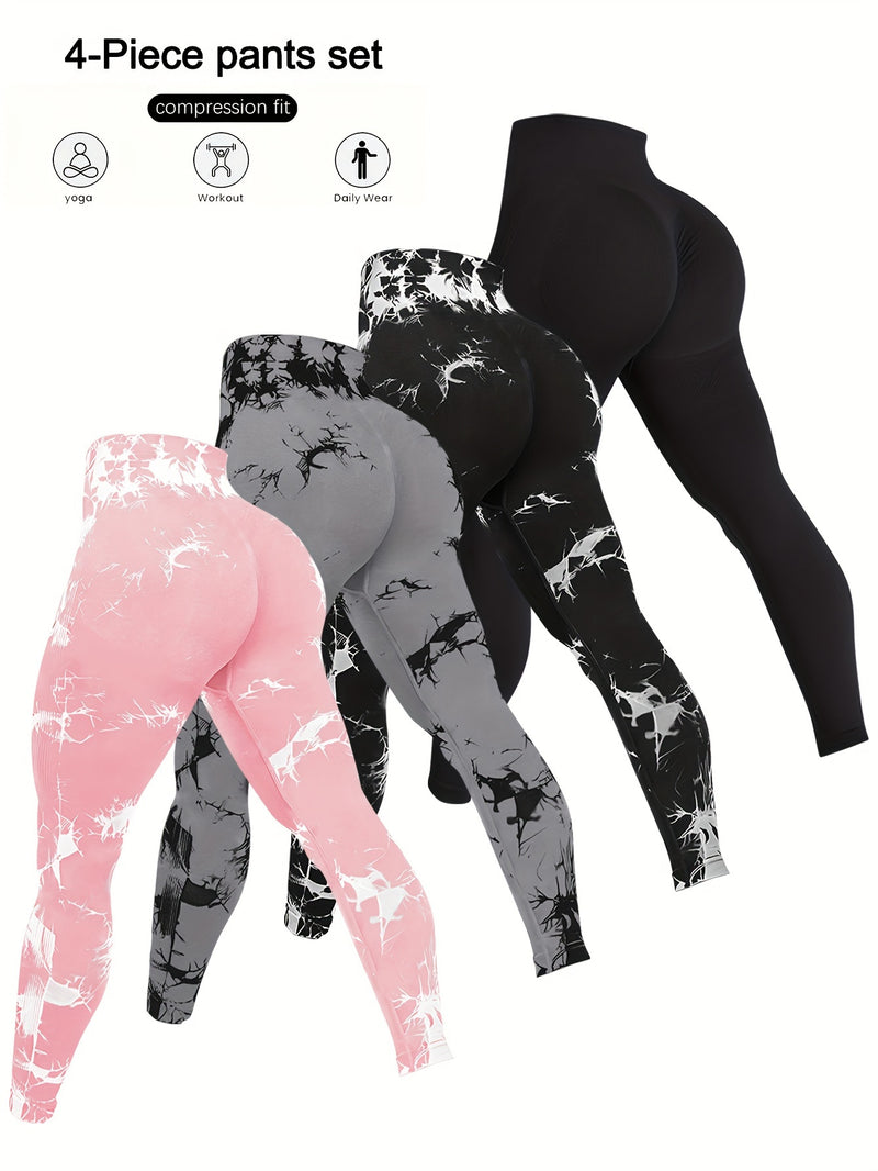 kit com 4 Leggings de Malha tie-dye de Cintura Alta sem Costura, Calças de Treino e Ioga Elásticas de Poliamida, com Design de Levantamento de Bumbum.