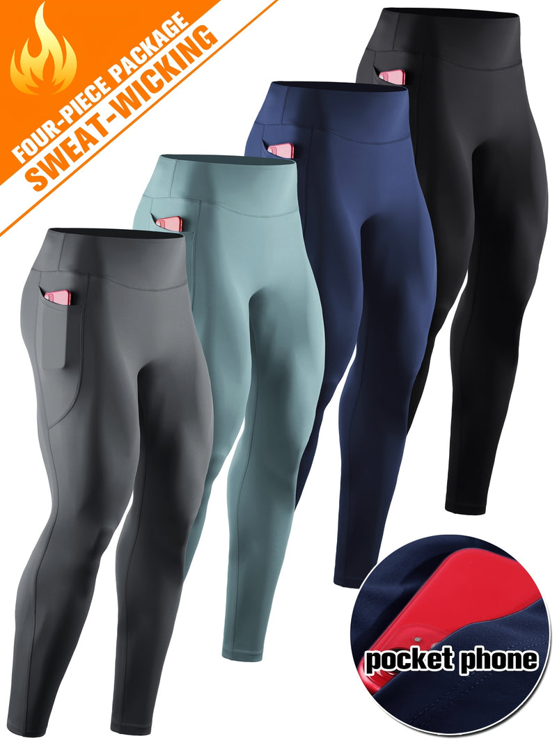 Kit 4 Peças Leggings de Compressão de Cintura Alta Masculina com Bolso para Celular - Mistura de Poliéster Respirável e que Absorve a Umidade para Qualquer Tipo de treino,  Inclui cor sólida, tecido respirável, Uso para Todas as Estações