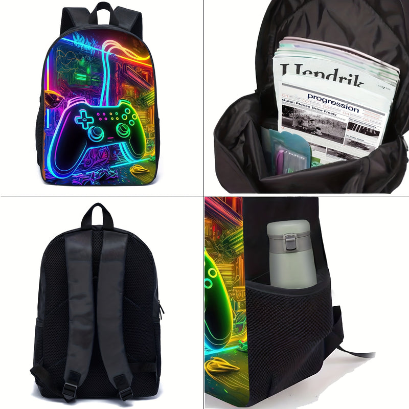 Conjunto de Mochilas com Padrão de Console de Jogos 3 Peças para Meninos, Mochila Casual de Poliéster para Estudantes com Lancheira e Estojo, Lavável à Mão, Fecho de Zíper, Design de Impressão Aleatória