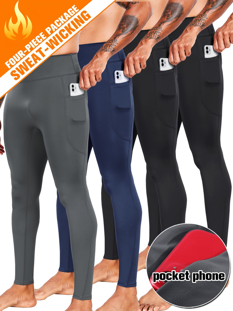 Kit 4 Peças Leggings de Compressão de Cintura Alta Masculina com Bolso para Celular - Mistura de Poliéster Respirável e que Absorve a Umidade para Qualquer Tipo de treino,  Inclui cor sólida, tecido respirável, Uso para Todas as Estações