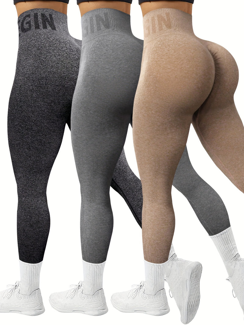 Pacote com 3 calças de ioga sem costura com controle de barriga de cintura alta, tecido elástico respirável, cós largo para academia e uso casual, leggings esportivas estilo atlético